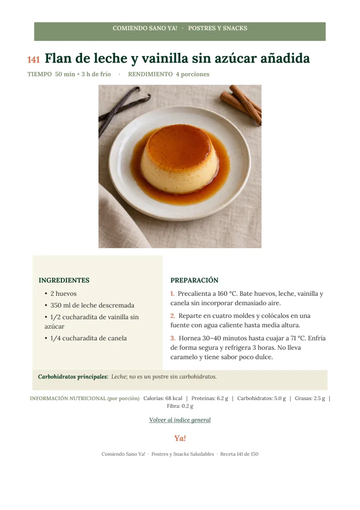 Página de muestra: Flan de leche y vainilla sin azúcar añadida